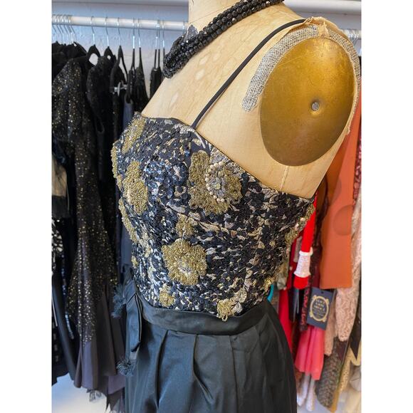 vintage 1960s black silk beaded maxi dress 60s formal gown metallic eyelash xs - Picture 6 of 10